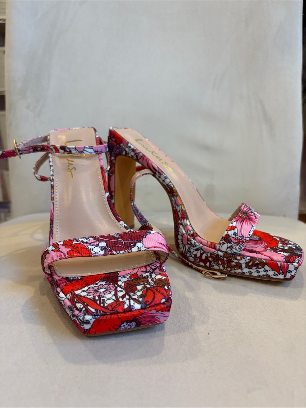 Lulu's Red and Pink Floral Platform Heels with Ankle Strap
